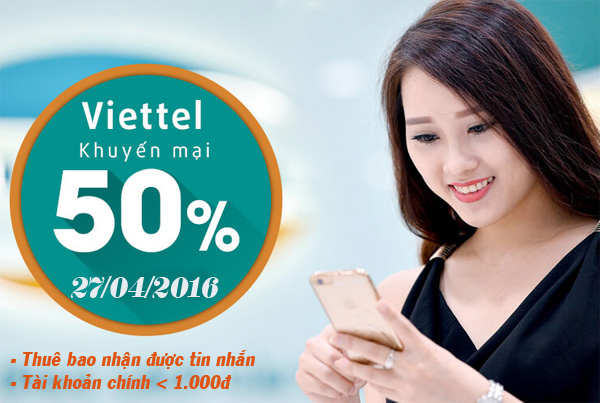 khuyến mãi viettel tặng 50% giá trị thẻ nạp